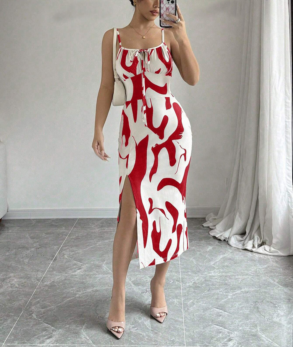 Summer Printed Suspender Split Dress Fashion Slim Lace-up Long Dresses For Women Clothing